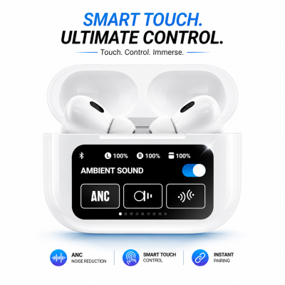 A9 Pro ANC True Wireless Earbuds – Smart Touch Screen Charging Case, Active Noise Cancellation, 13mm Drivers, GPS Location & 35H Battery